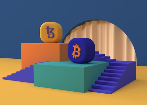Two platform structures with stairs are positioned side by side. One platform is orange with an orange and purple 'Tezos' symbol on top, while the other is green with a blue and orange 'Bitcoin' symbol. The platforms are set on a blue and mustard yellow background, and there is a large circular arch in the backdrop.