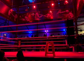 An empty boxing ring is illuminated by dramatic red and blue spotlights inside a dimly-lit arena. A small stool is placed in the center of the ring, surrounded by ropes. The arena is adorned with banners depicting action scenes, and a few silhouettes of spectators can be seen in the background.