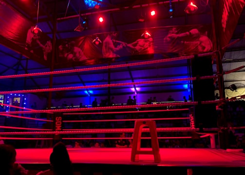 An empty boxing ring is illuminated by dramatic red and blue spotlights inside a dimly-lit arena. A small stool is placed in the center of the ring, surrounded by ropes. The arena is adorned with banners depicting action scenes, and a few silhouettes of spectators can be seen in the background.
