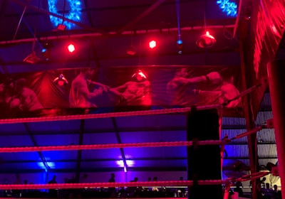 A brightly lit boxing or wrestling ring with vivid red and blue lights. Banners with images of fighters hang from the ceiling. The ropes of the ring are prominently visible, and a stool is placed inside the ring. The arena is filled with an audience, silhouetted against the colorful lighting.
